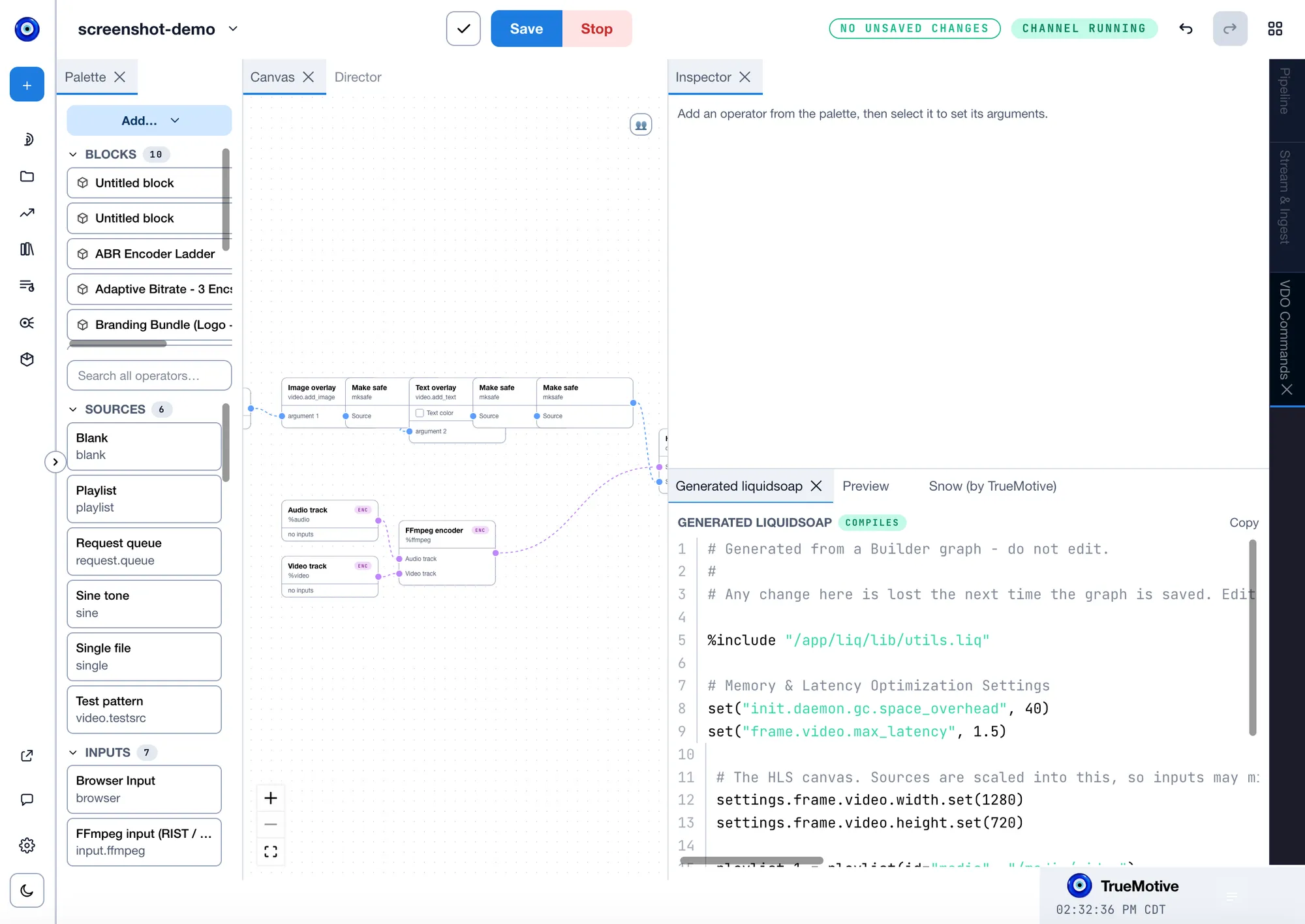 MediaMesh Builder canvas showing a wired channel graph next to its compiled Liquidsoap source